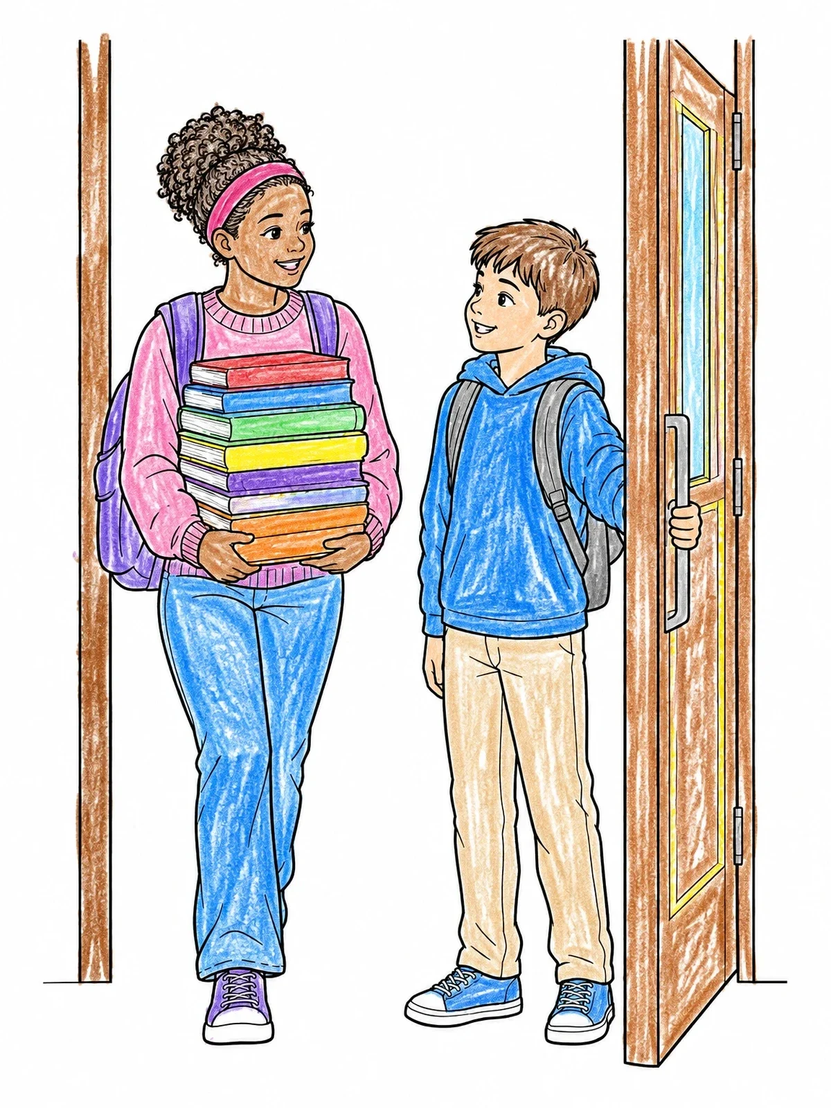Colored example of the Holding The Door For A Friend coloring page