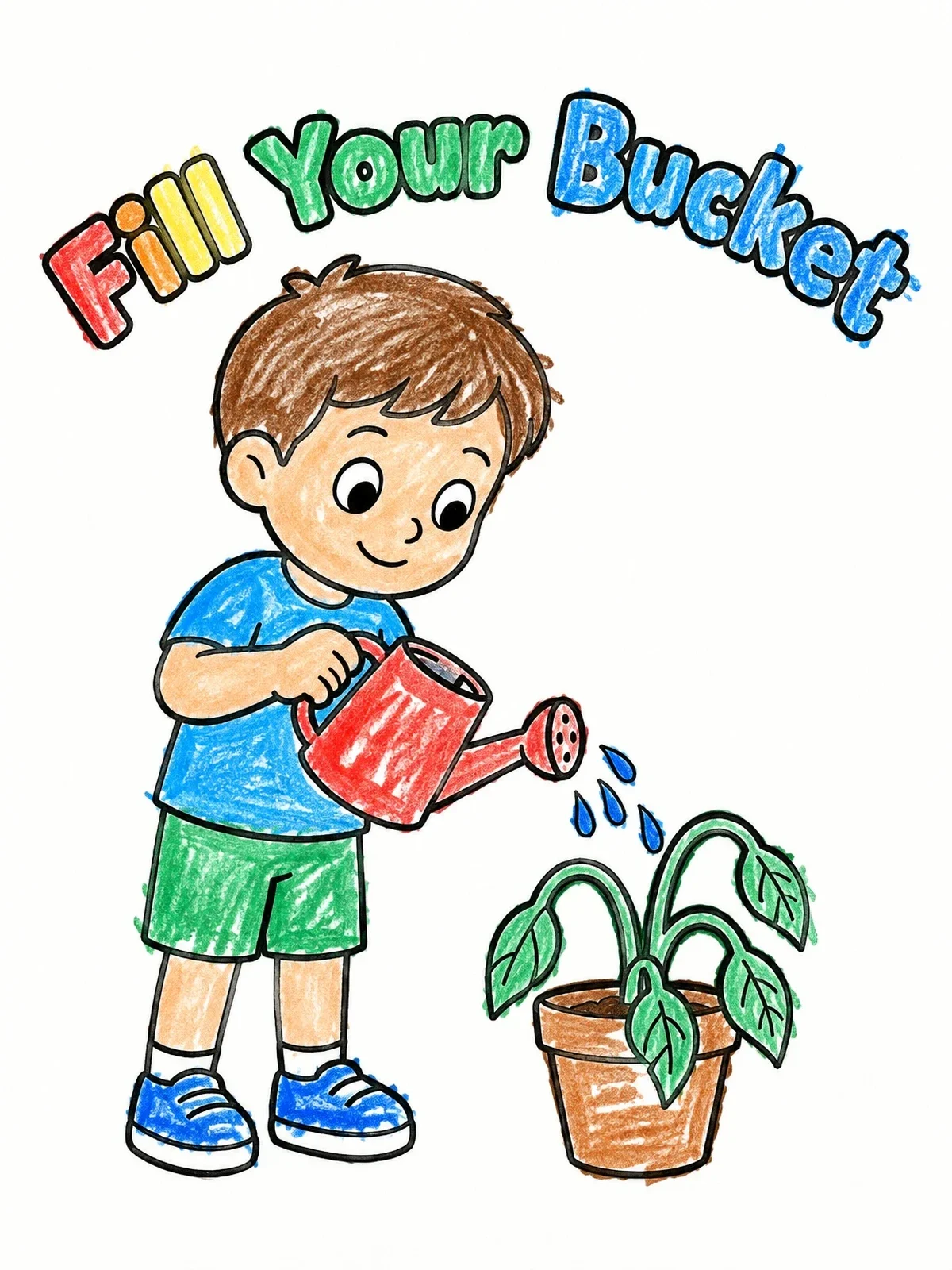 Colored example of the Boy Watering A Thirsty Plant coloring page