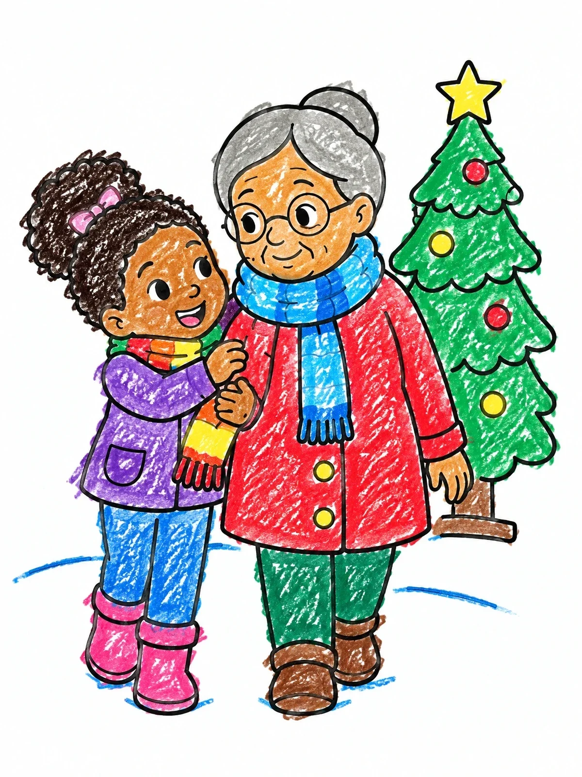 Colored example of the Child Walking With Grandmother Outdoors coloring page