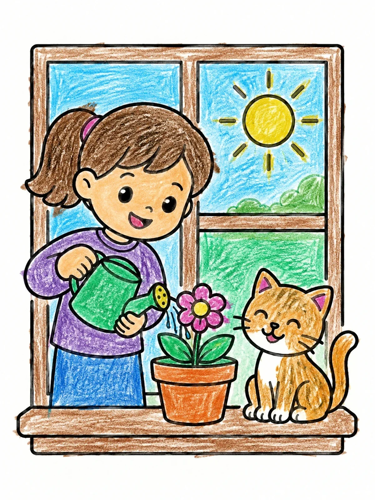 Colored example of the Child Watering Flower With Cat coloring page
