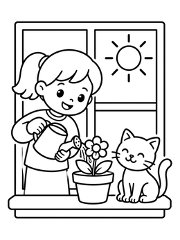 Free printable Child Watering Flower With Cat coloring page