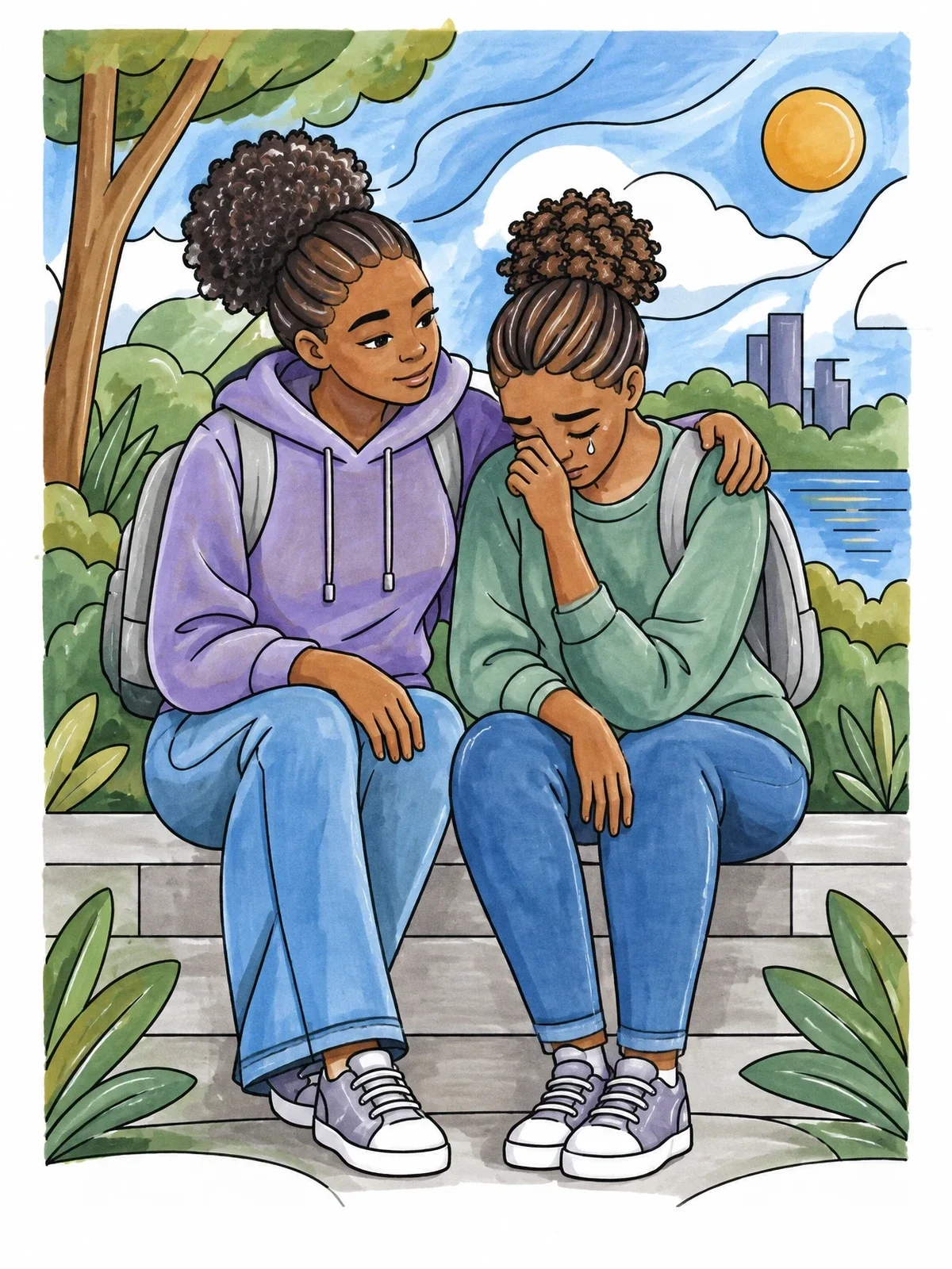 Colored example of the Comforting A Friend Outdoors coloring page