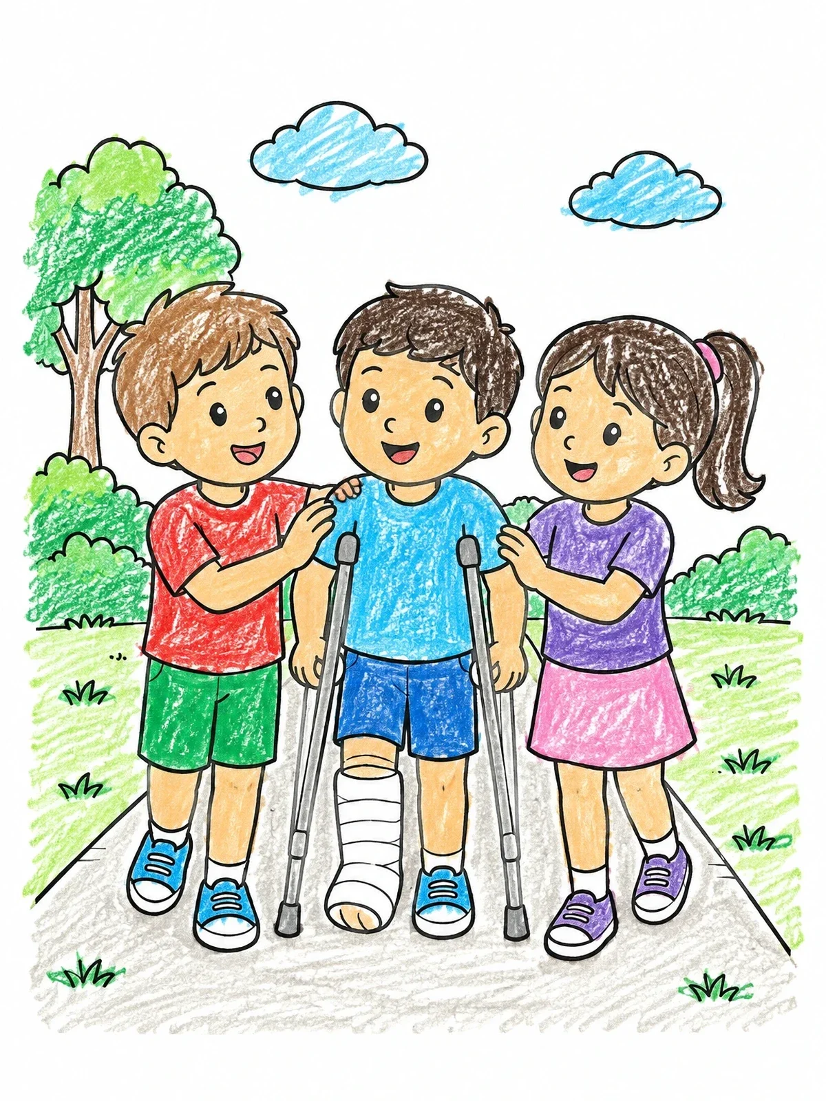 Colored example of the Friends Helping Boy On Crutches coloring page