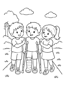 Free printable Friends Helping Boy On Crutches coloring page