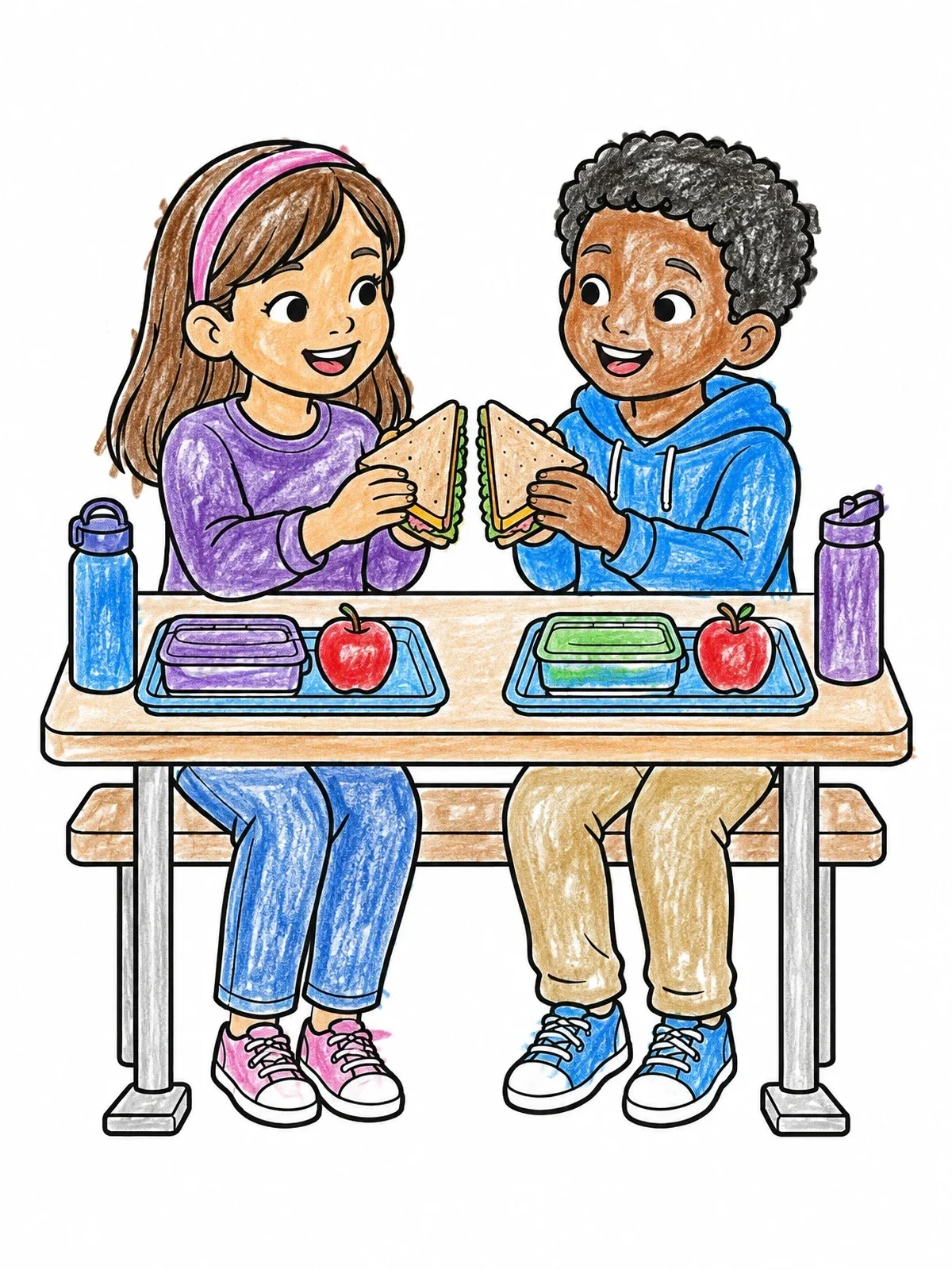 Colored example of the Friends Sharing Lunch Sandwich coloring page