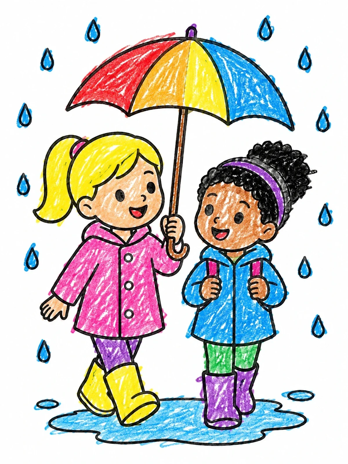 Colored example of the Friends Sharing An Umbrella In Rain coloring page