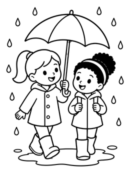 Free printable Friends Sharing An Umbrella In Rain coloring page