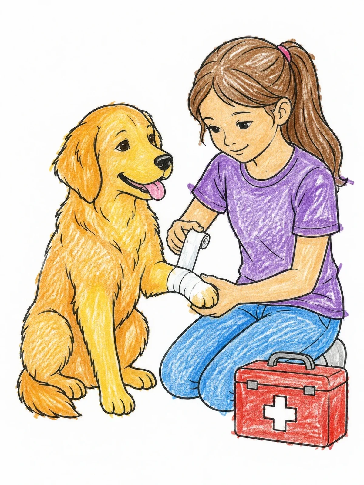 Colored example of the Girl Bandaging A Pet Dog's Paw coloring page