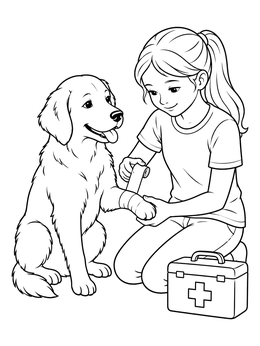 Free printable Girl Bandaging A Pet Dog's Paw coloring page