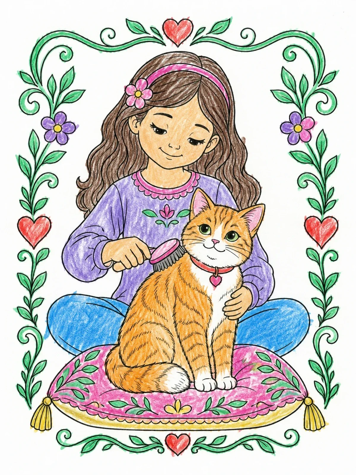Colored example of the Girl Brushing Her Pet Cat coloring page