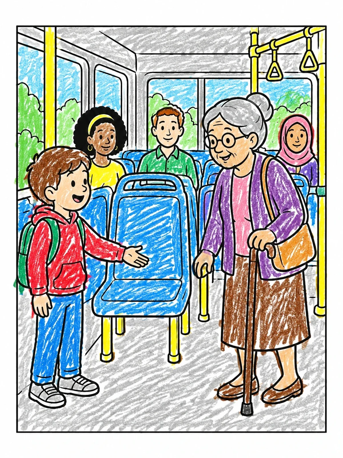 Colored example of the Kindness On The Bus coloring page