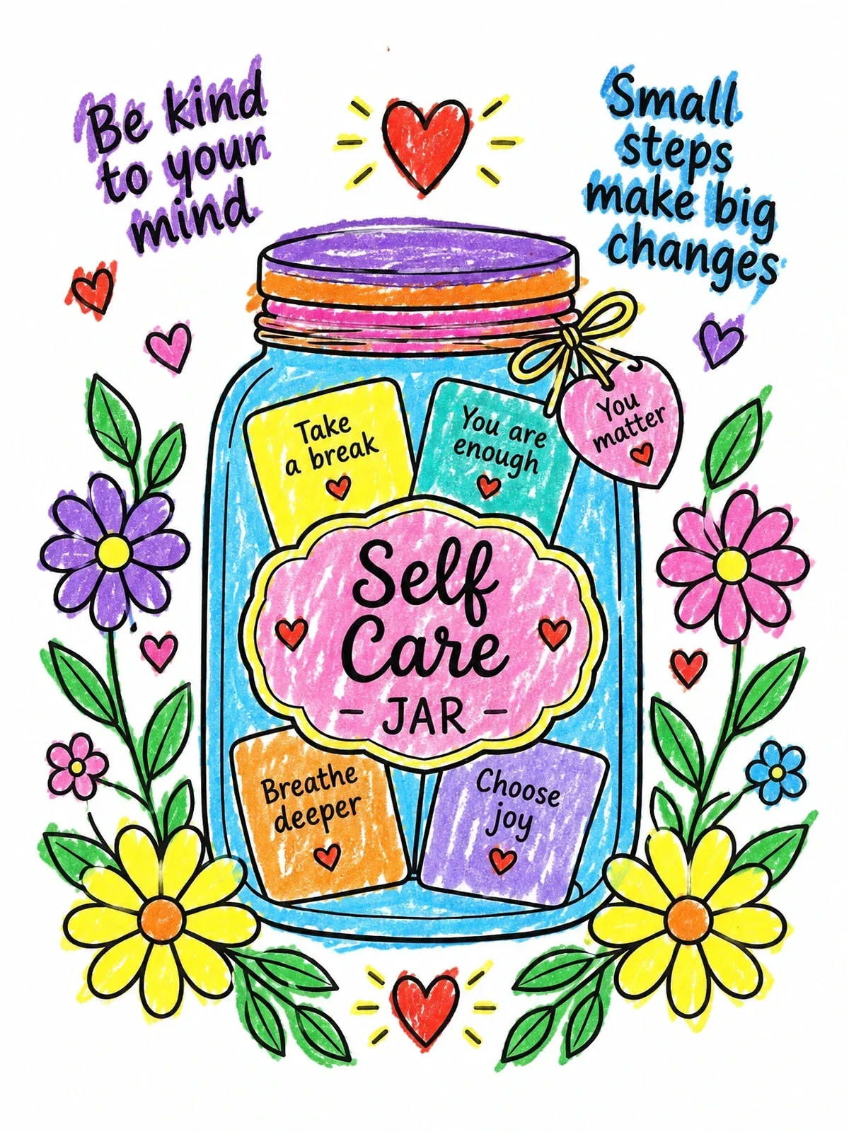 Colored example of the Mindful Self Care Jar With Positive Notes coloring page