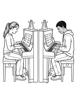 A carnival of the animals coloring page showing two young musicians practicing at upright pianos.