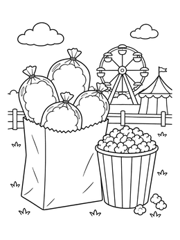 A fun cotton candy coloring page with bags of sweet floss and a popcorn bucket at a fairground.