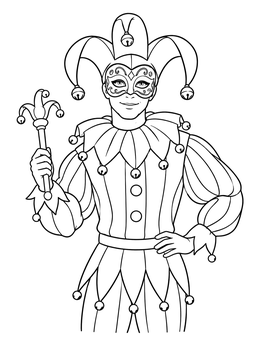 A masked court jester coloring page holding a scepter.