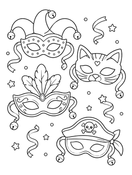 A festive purim coloring page featuring four decorative masquerade eye masks with bells.