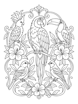 Tropical birds perched among hibiscus on this carnival of the animals coloring page.