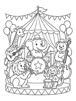 Free printable Animal Orchestra Circus Stage Celebration coloring page