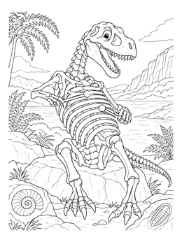 A carnival of the animals coloring page featuring a happy dinosaur skeleton playing music on its ribs outdoors.