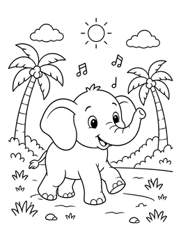 Free printable Happy Elephant With Musical Notes coloring page