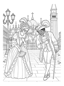 Masked carnival performers bowing on this detailed Venice coloring page.