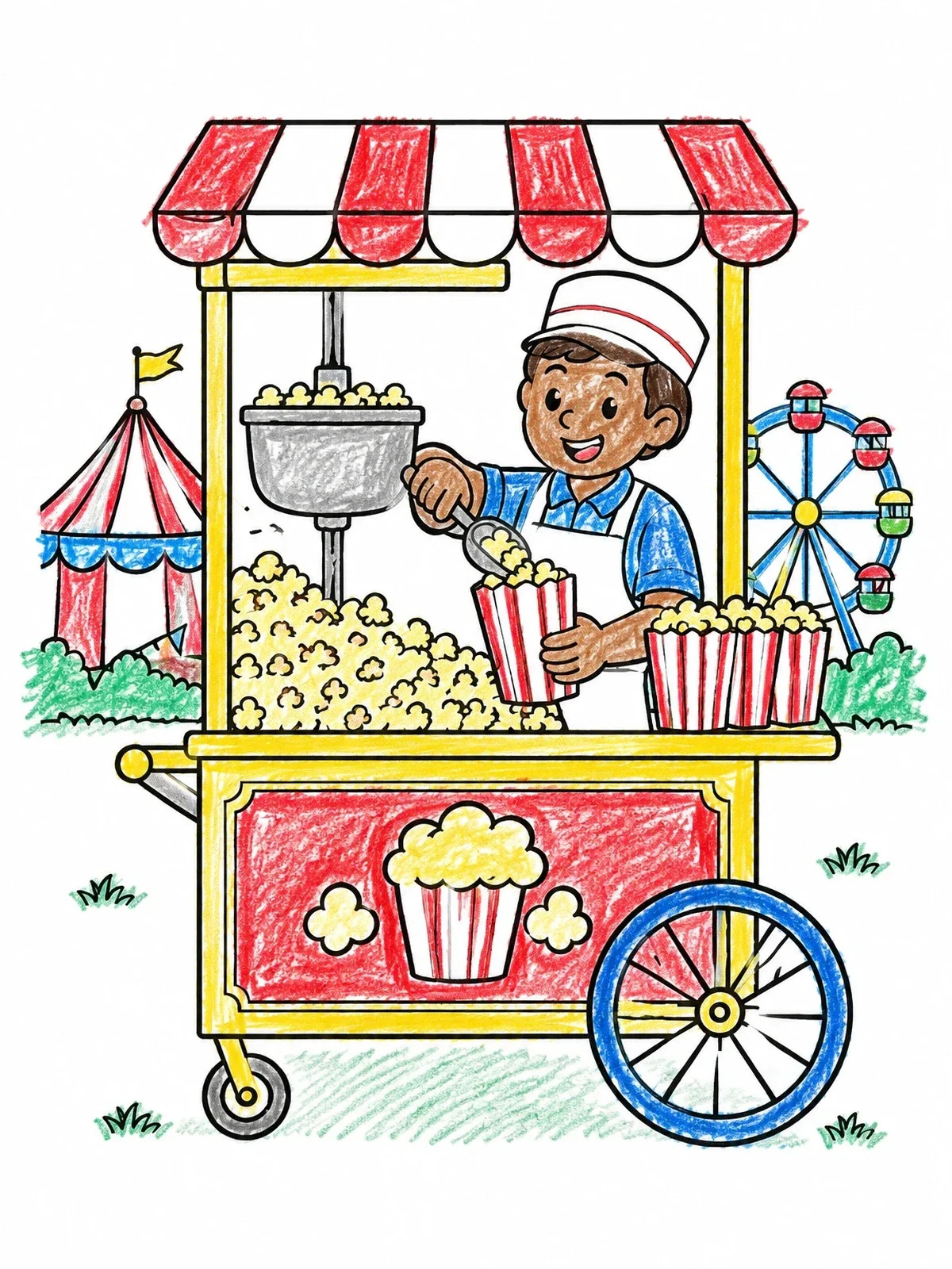 Colored example of the Carnival Popcorn Cart Vendor coloring page