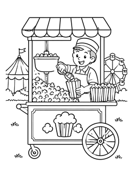 Free printable Carnival Popcorn Cart Vendor coloring page