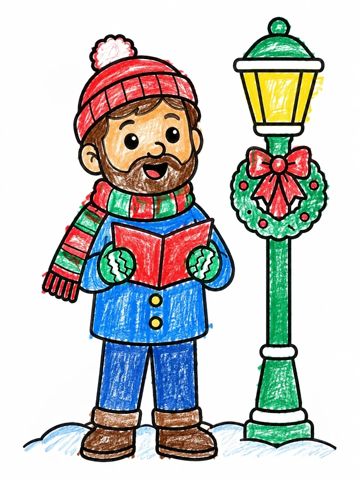 Colored example of the Carol Singer By Festive Lamppost coloring page