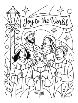A group sings carols under a streetlamp in this festive joy coloring page.