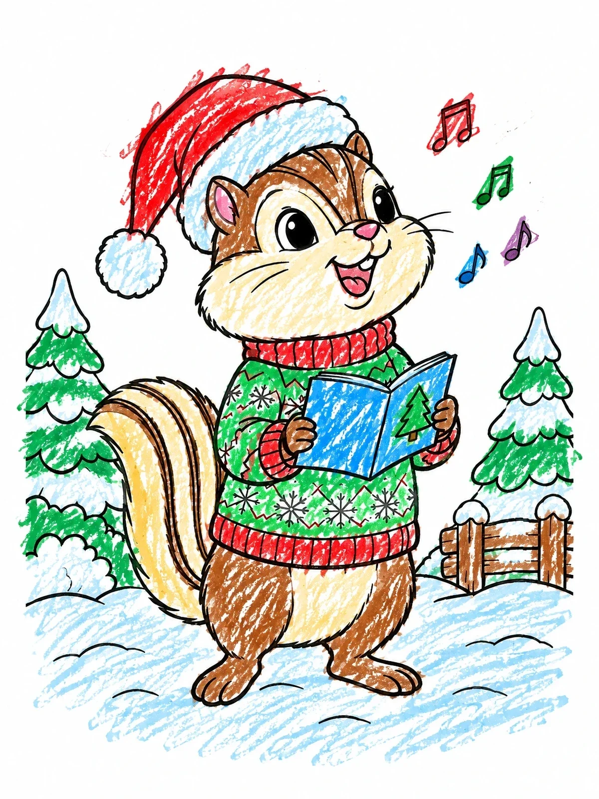 Colored example of the Caroling Chipmunk In Santa Hat coloring page