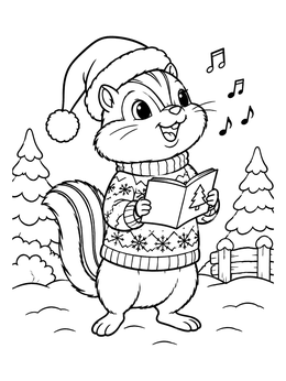 A cheerful chipmunk coloring page featuring a singing chipmunk in a sweater and Santa hat.