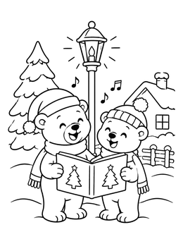 Two happy bears carol under a lamp in this christmas bear coloring page.