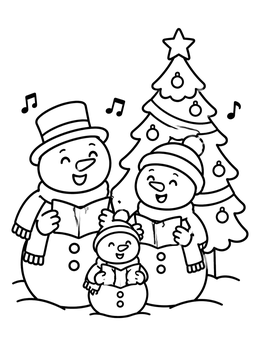 A cheerful snowman coloring page featuring a snowman family singing carols by a Christmas tree.