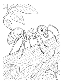 A detailed ant coloring page showing an insect walking along a textured tree branch.