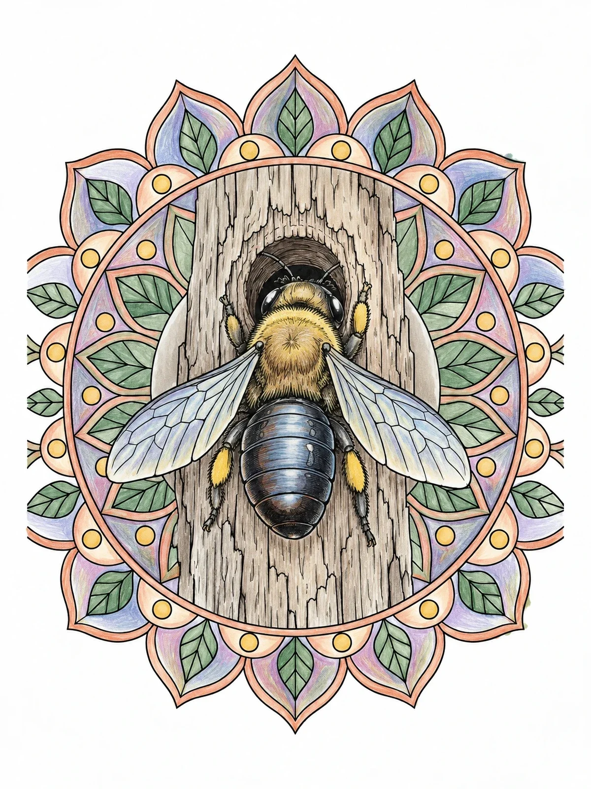 Colored example of the Carpenter Bee On Textured Wood Mandala coloring page