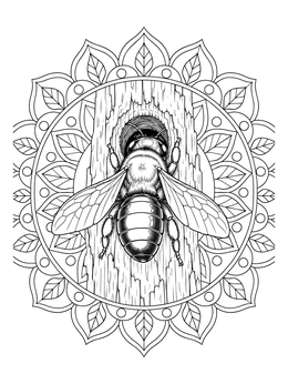 A detailed bee coloring page featuring a carpenter bee entering a nest against a circular mandala.