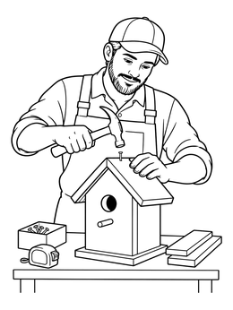 Free printable Carpenter Building A Wooden Birdhouse coloring page