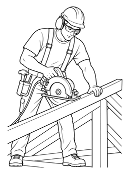 A carpenter coloring page showing a builder cutting a wooden beam with a circular saw.