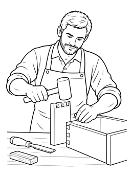 A detailed carpenter coloring page showing a craftsman assembling a wooden drawer joint.