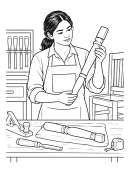A woman examines wood in this carpenter coloring page.