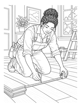 A woman marks measurements on floorboards in this detailed carpenter coloring page.