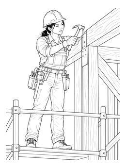 A female builder works on scaffolding in this realistic carpenter coloring page.