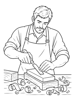 A focused craftsman sharpens his blade in this detailed carpenter coloring page.