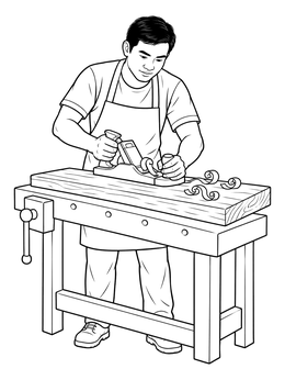 A detailed carpenter coloring page showing a craftsman smoothing a wooden board with a hand plane.