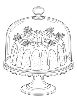 A glazed carrot bundt cake rests under a glass dome in this carrot coloring page.