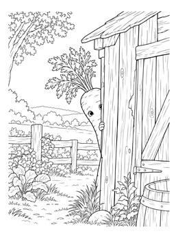 A playful carrot coloring page featuring a cute character peeking around a wooden shed.