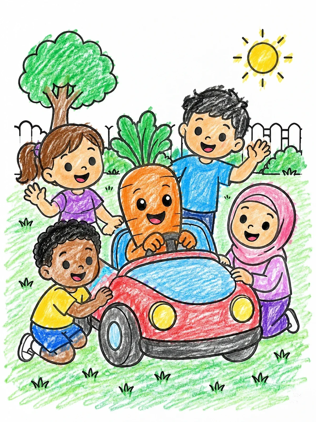 Colored example of the Carrot Character Driving Toy Car coloring page