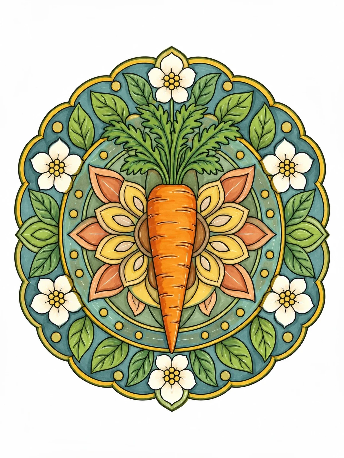 Colored example of the Carrot Floral Mandala Design coloring page
