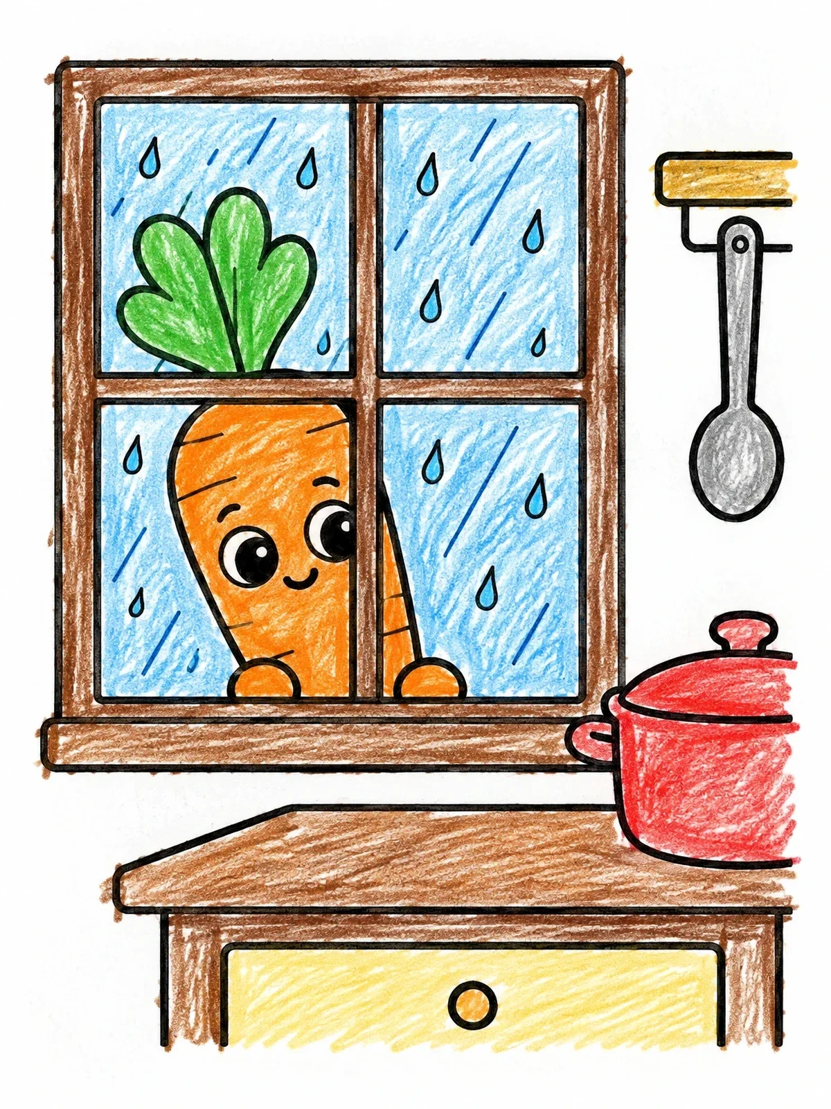 Colored example of the Carrot Peeking Through Rainy Window coloring page