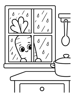Free printable Carrot Peeking Through Rainy Window coloring page